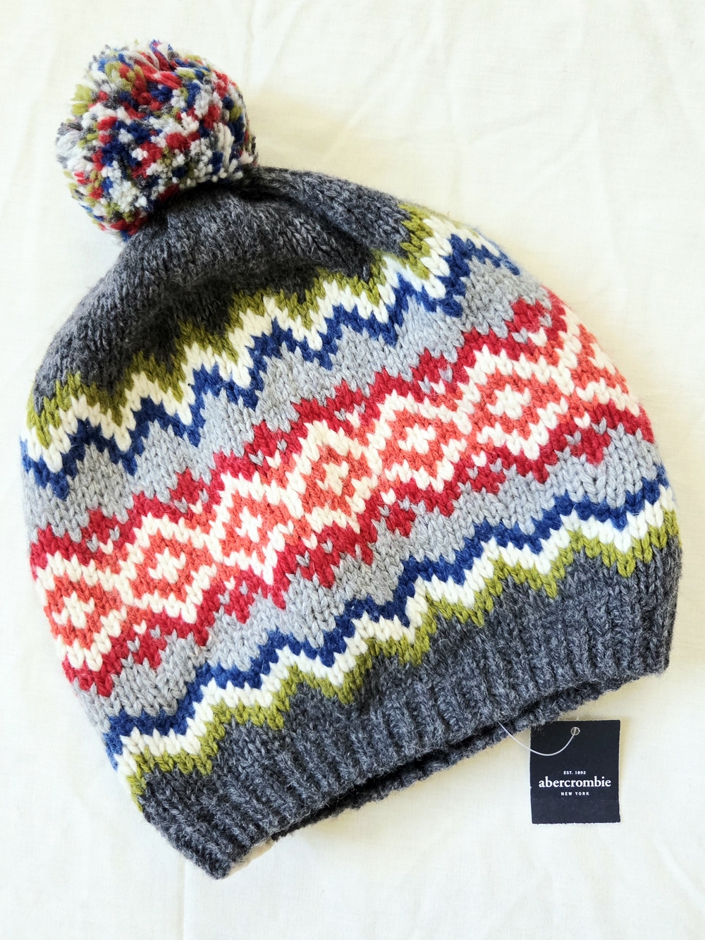Abercrombie & Fitch Fair Isle Knit Multicolor Pom Pom Snow Hat